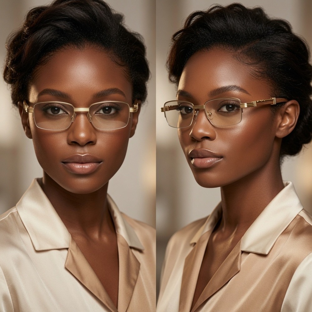 Gold Rectangular Rimless Glasses Wood Effect Temples Clear Lens Frames Women NEW